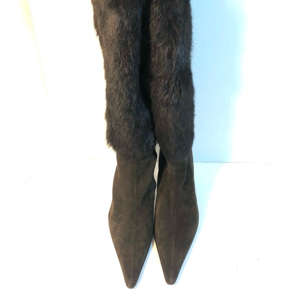 SAKS FIFTH AVENUE Dark Brown Rabbit Fur and Suede Knee High Boots - Picture 4 of 12